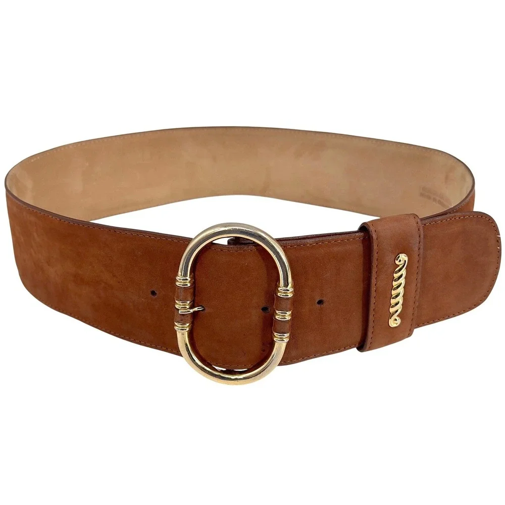 Vintage 80s Womens Wide Brown Nobuck Leather Waist Belt Ornate Gold Buckle M